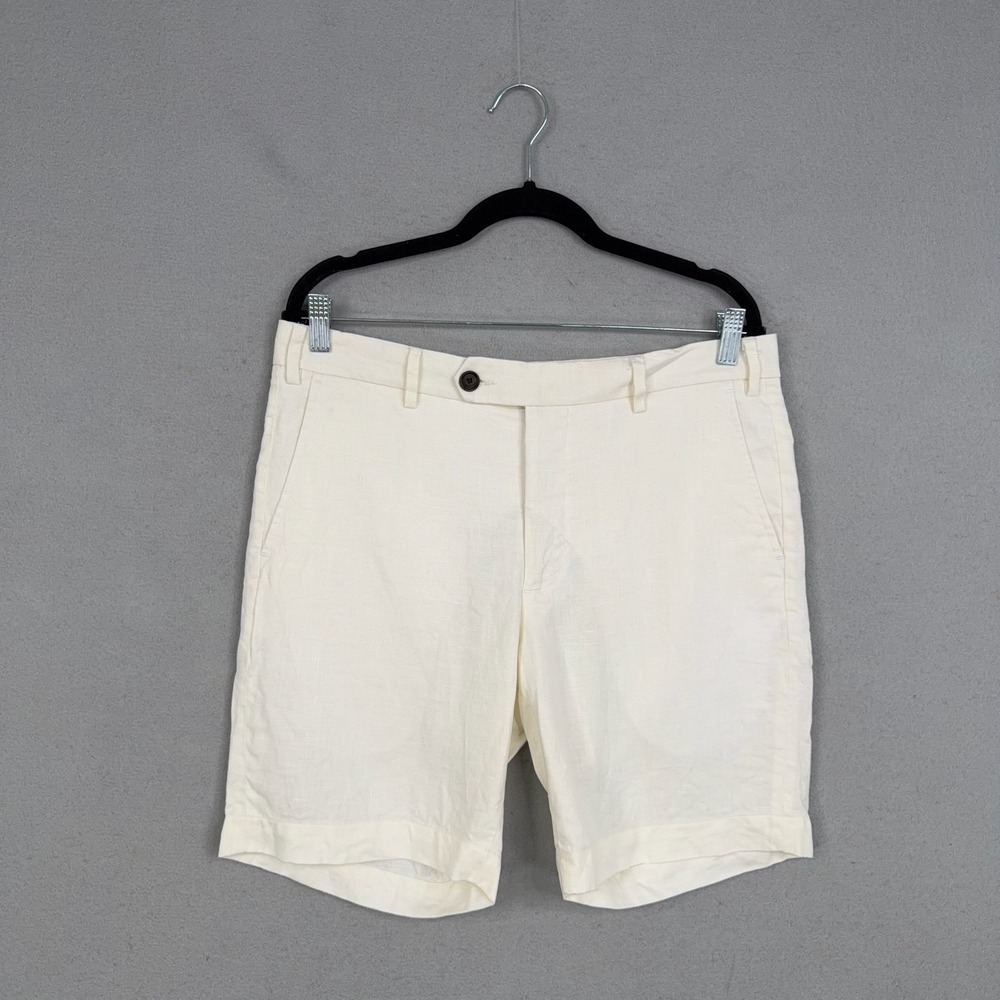 Spier & Mackay Shorts Mens 34 Cream Plain Slim Fit Linen Blend Summer Preppy